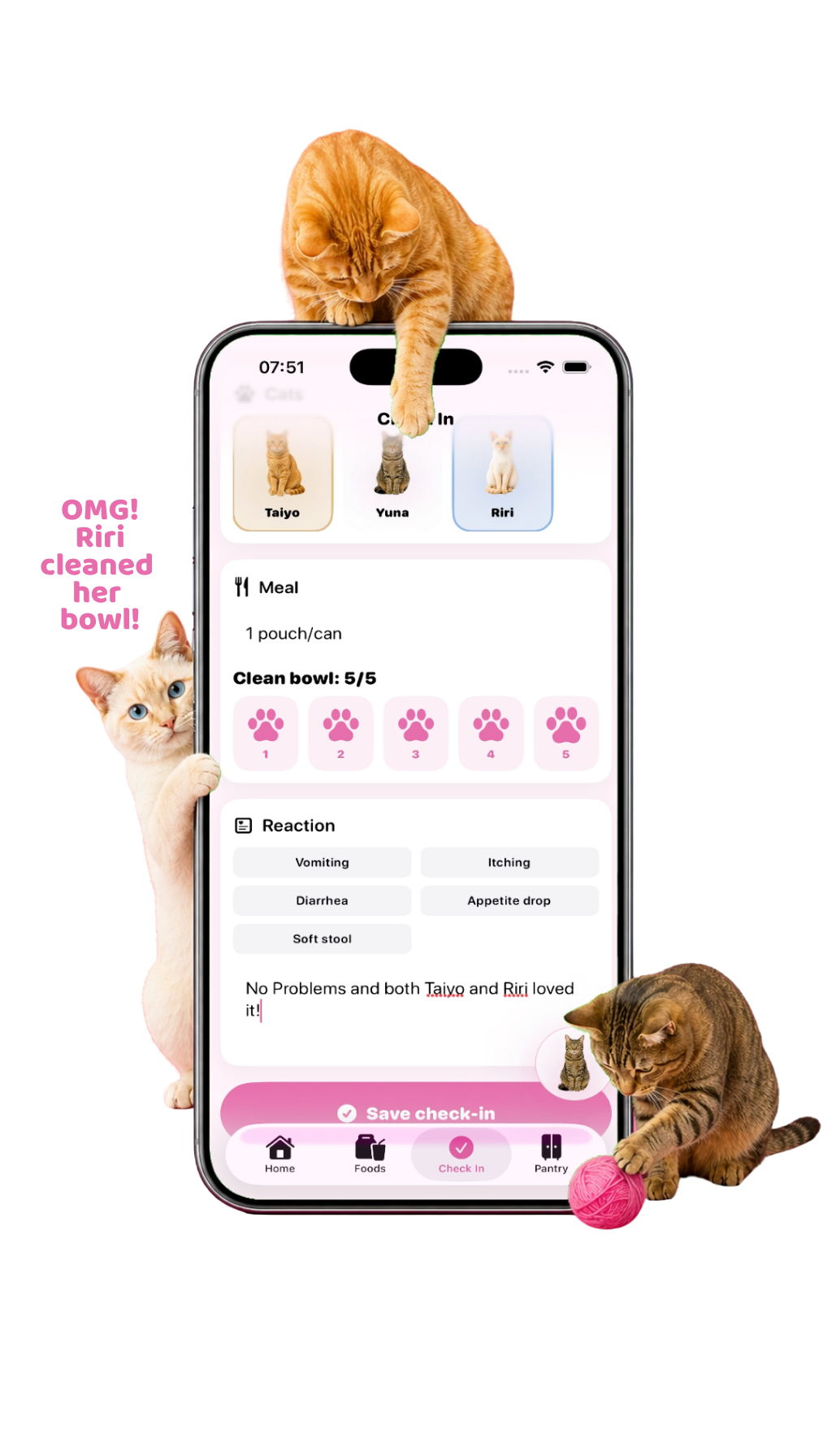 Yuna check-in screen with clean bowl rating